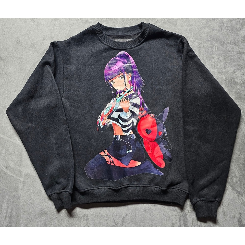 Praying Rabbit Anime Graphic Sweatshirt Black Cotton‎ Crewneck Small Streetwear